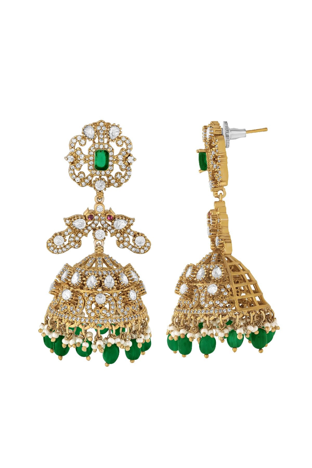 Earrings | Royal Golden Jhumki with Green accents