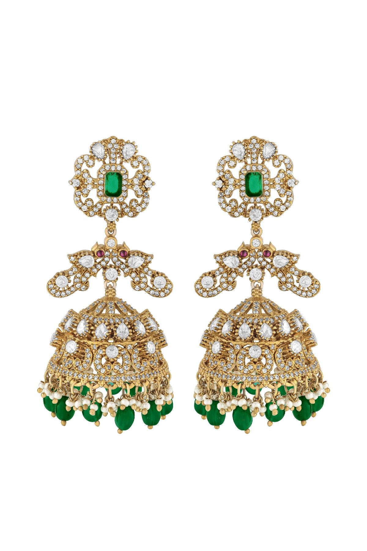 Earrings | Royal Golden Jhumki with Green accents