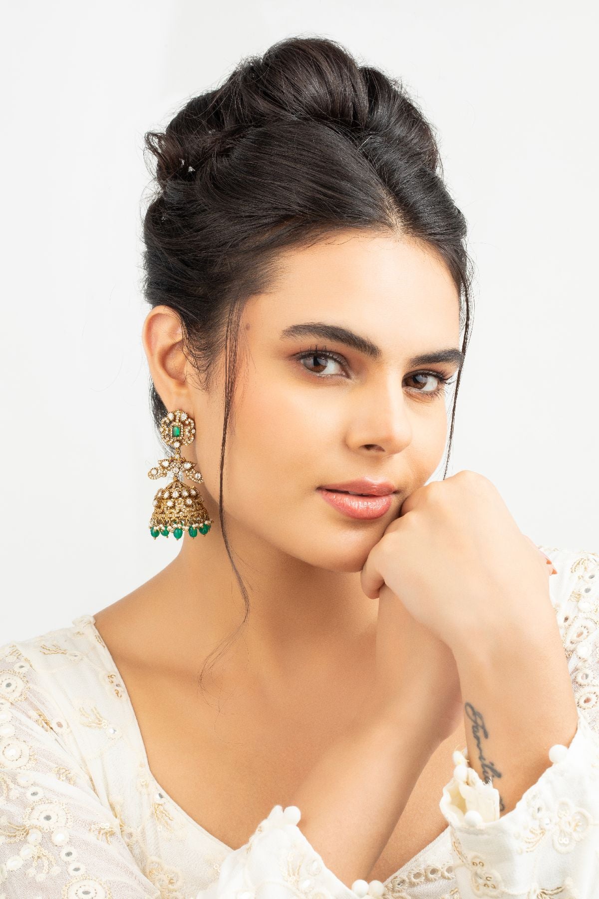 Earrings | Royal Golden Jhumki with Green accents