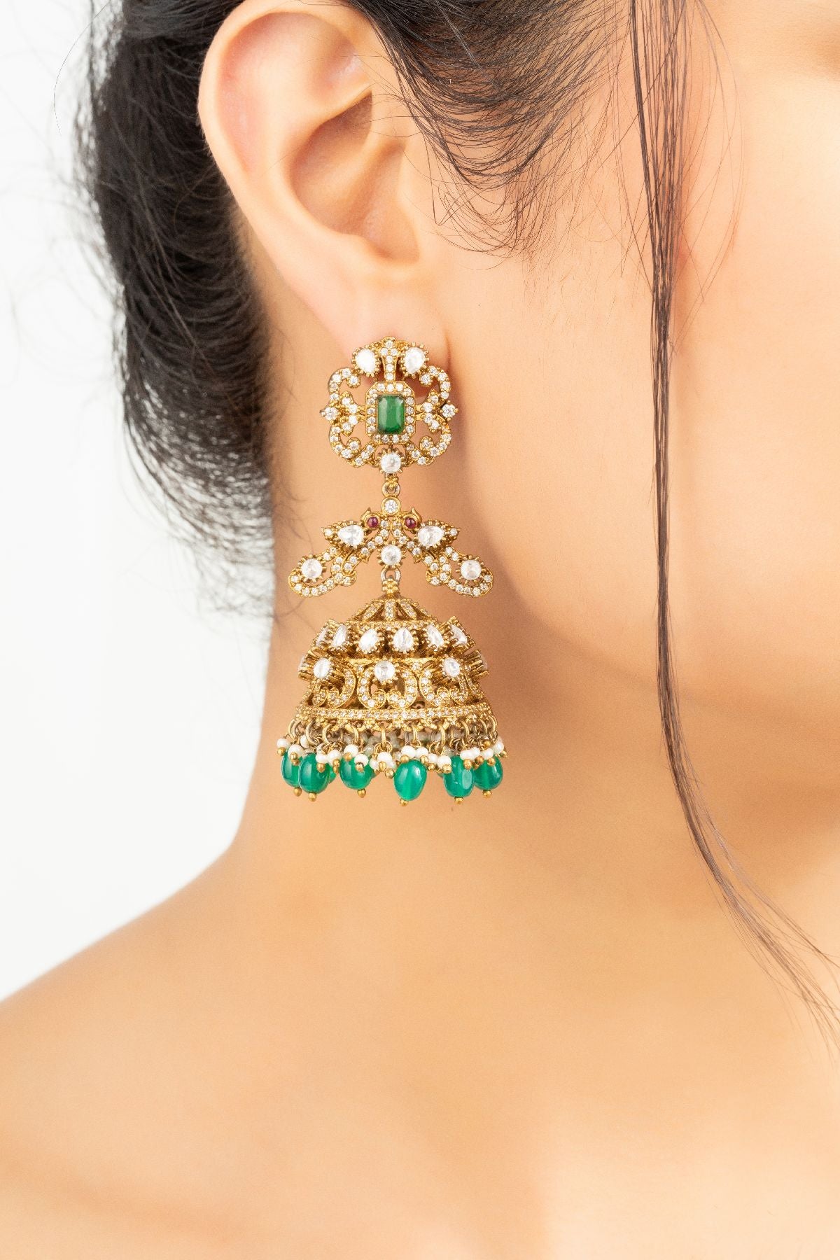 Earrings | Royal Golden Jhumki with Green accents