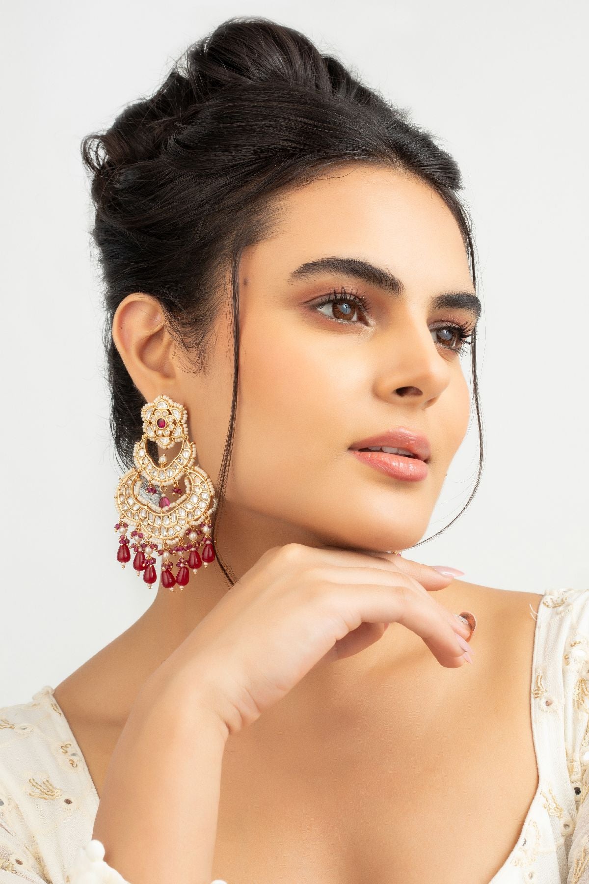 Earrings | Kyra Red Polki Chandbali