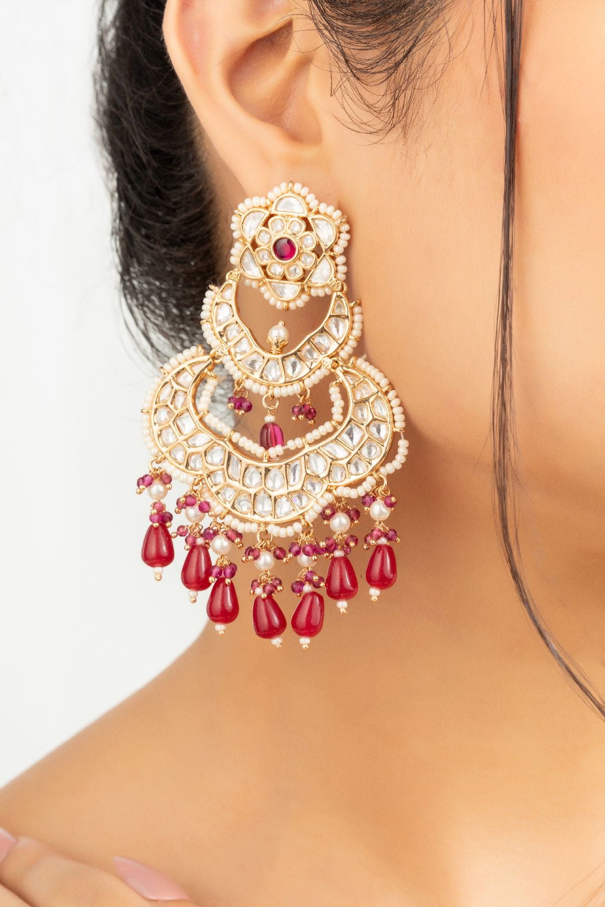 Earrings | Kyra Red Polki Chandbali