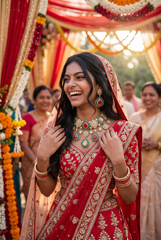 Woman in traditional red and gold bridal outfit with jewelry, smiling outdoors.