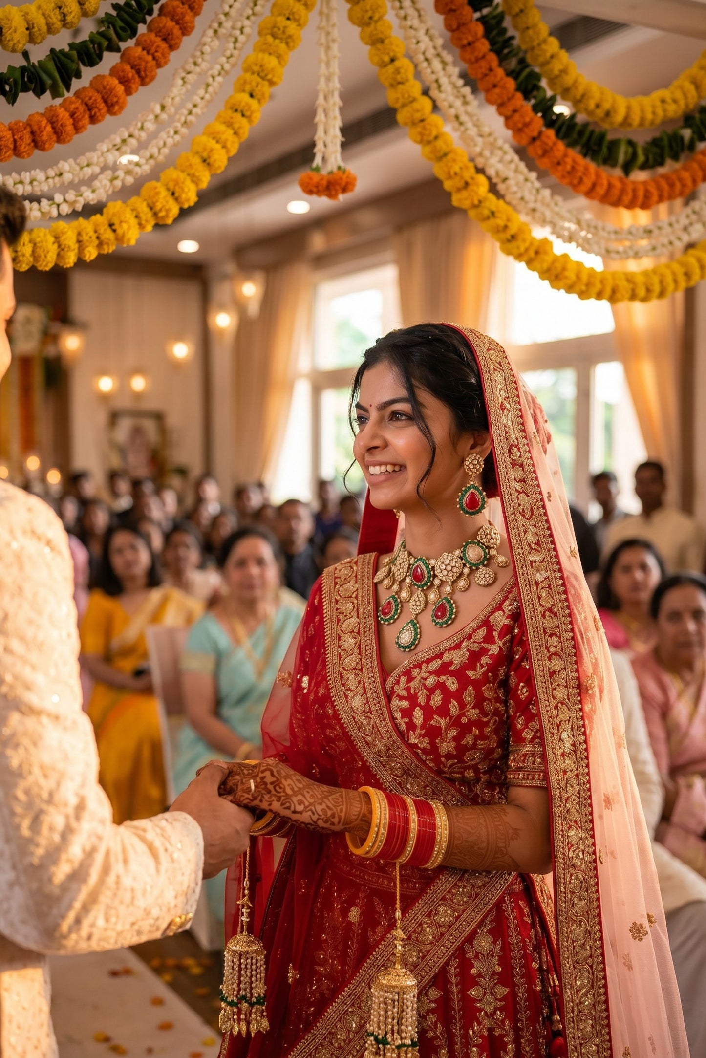 Woman in traditional red and gold bridal outfit with jewelry, surrounded by people and floral decorations.